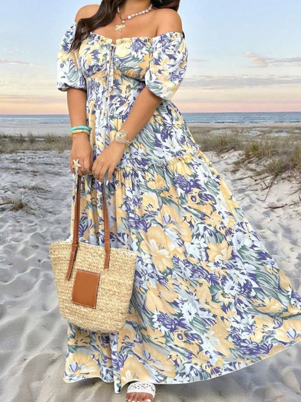 Multicolor Boho Women's Plus Size floral Print Puff Sleeve Off The Shoulder Maxi